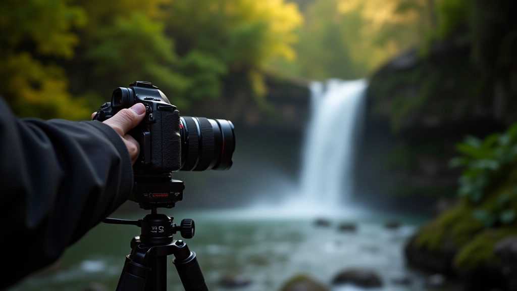Fotoaparāts uz trijkāja fotografējot ūdenskritumu, fotografa roka redzama