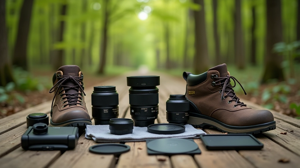 Fotografēšanas piederumi, ieskaitant filtrus, tīrīšanas drānu un nepaslīdenus apavus, organizēti uz mežā
